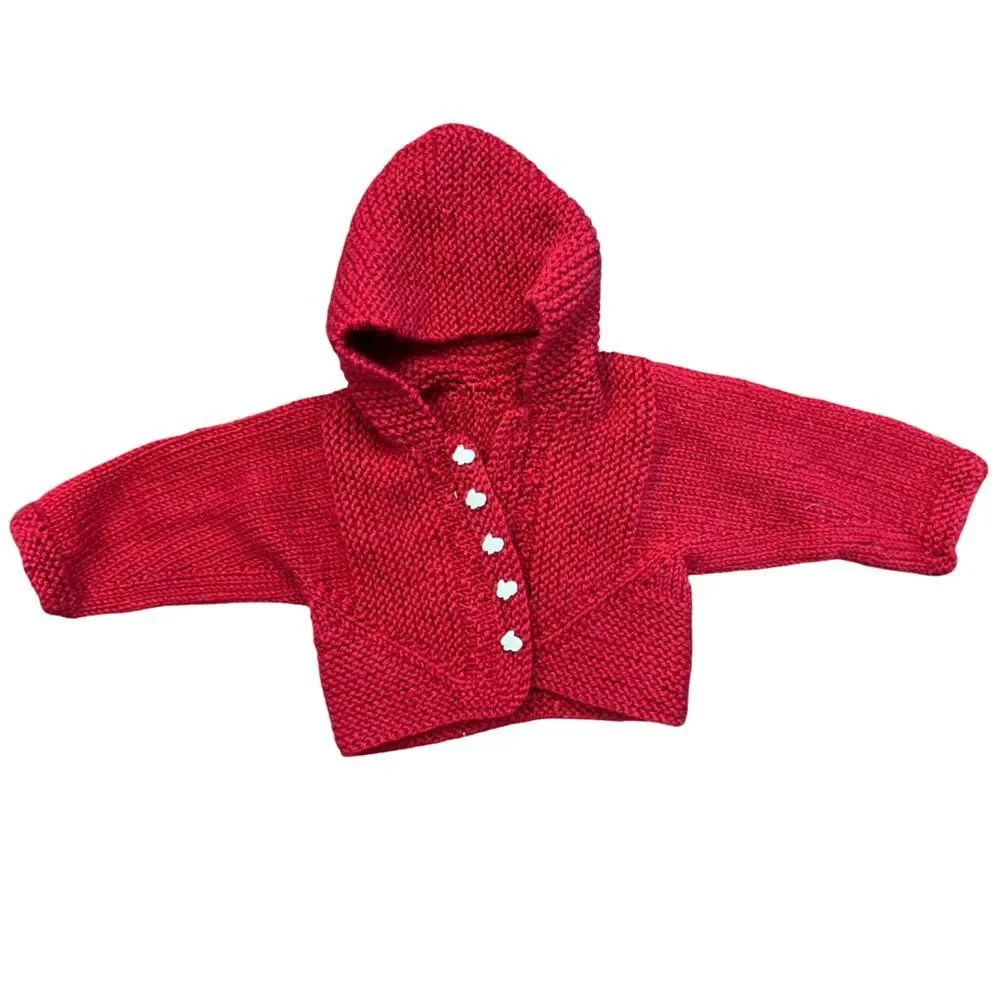 Handmade Red Knit Baby Hoodie with Bunny Button Detail Size 3-6 Months